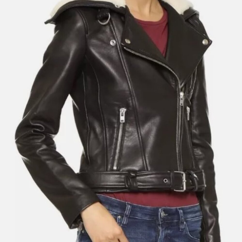 EU 40 ❤️ IRO Kolia Black Leather And Shearling Fur Biker Riding Moto Jacket